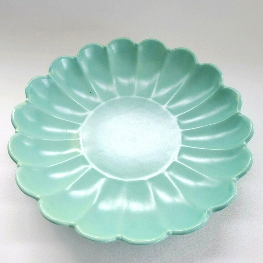 Vintage Haeger Pottery Mint Green 13" Serving Platter / Console Bowl, Scalloped